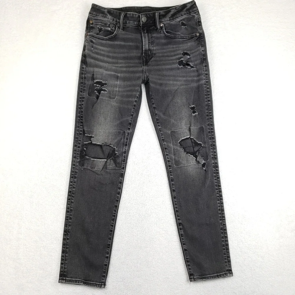 American Eagle Airflex+ Mens Skinny Distressed Jeans Washed Black 31x30 Patched